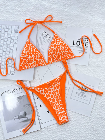 Leopard Print Halter Neck Tie Side Bikini Set - Fashion Finder Hub