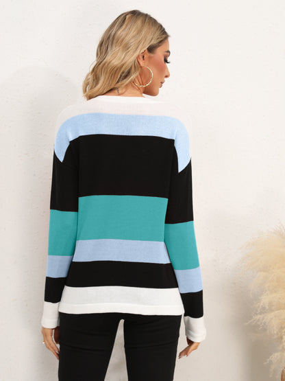 Striped Round Neck Dropped Shoulder Sweater - Fashion Finder Hub