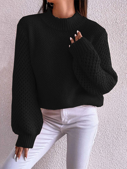 Openwork Mock Neck Long Sleeve Sweater - Fashion Finder Hub