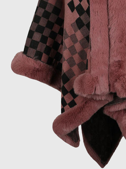 Checkered Faux Fur Trim Poncho - Fashion Finder Hub