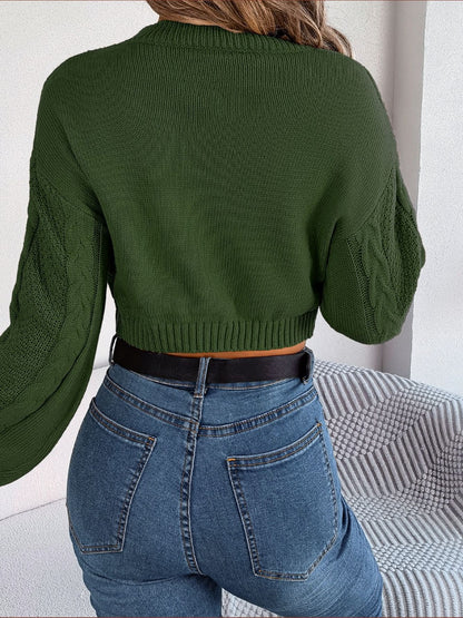 Cable-Knit Round Neck Cropped Sweater - Fashion Finder Hub