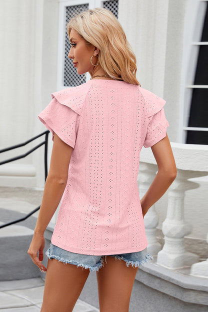 Eyelet Notched Short Sleeve T-Shirt - Fashion Finder Hub