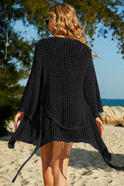Tie-Waist Openwork Crochet Cover Up - Fashion Finder Hub
