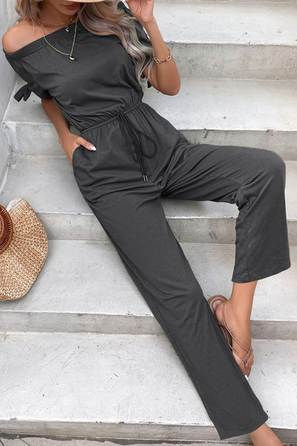 Off-Shoulder Tie Cuff Jumpsuit with Pockets - Fashion Finder Hub