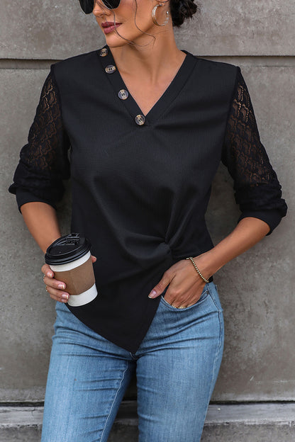 Twisted Decorative Button Long Sleeve T-Shirt - Fashion Finder Hub