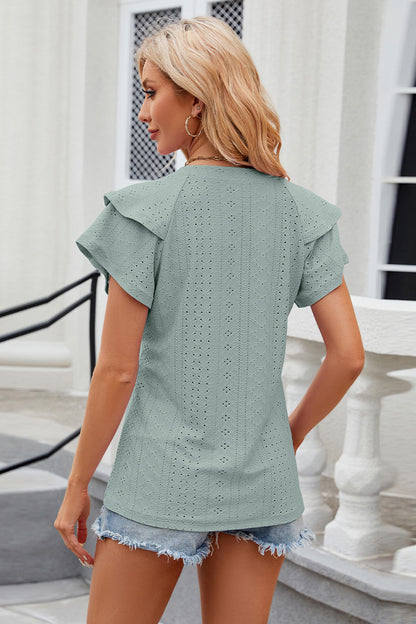 Eyelet Notched Short Sleeve T-Shirt - Fashion Finder Hub