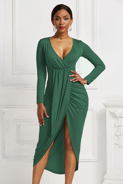 High-low Ruched Surplice Long Sleeve Dress - Fashion Finder Hub