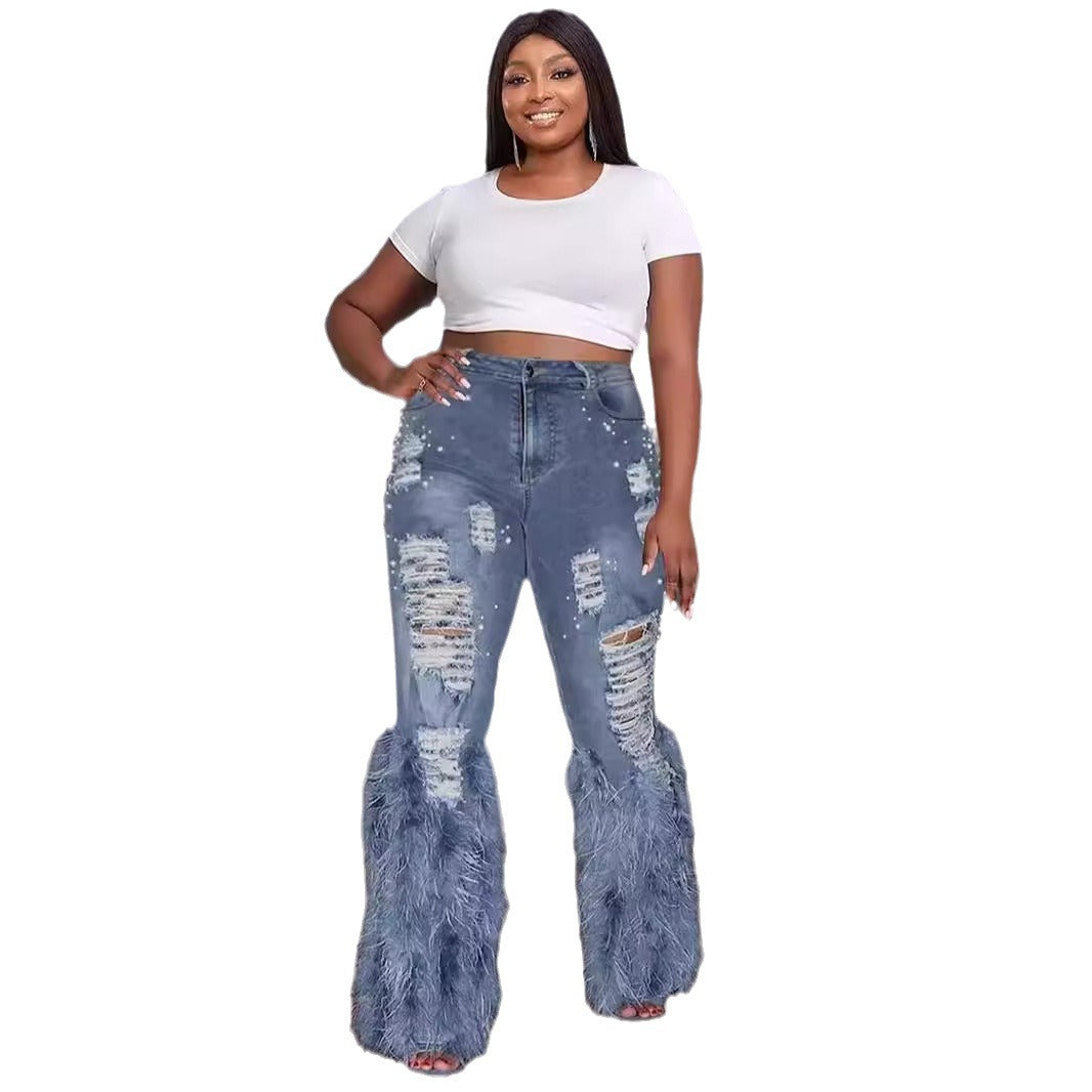 Abby Artificial Wool Ripped Beaded Stretch Jeans