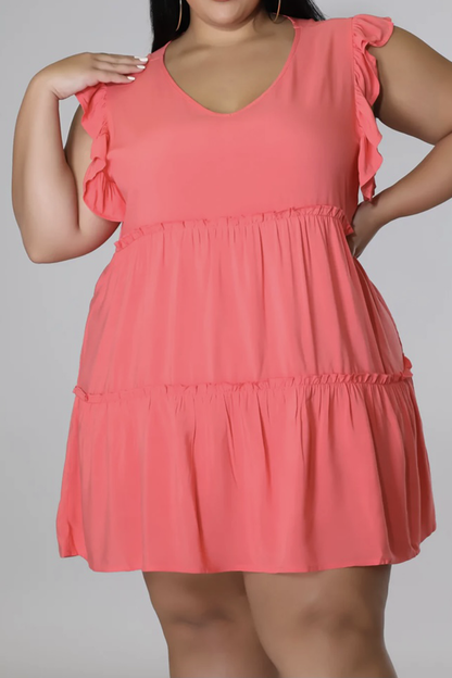 Plus Size V-Neck Frill Trim Mini Dress - Fashion Finder Hub