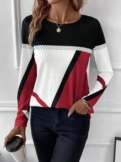 Contrast Round Neck Long Sleeve T-Shirt - Fashion Finder Hub