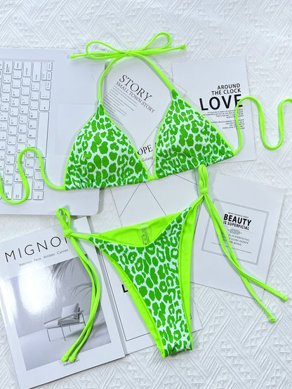 Leopard Print Halter Neck Tie Side Bikini Set - Fashion Finder Hub