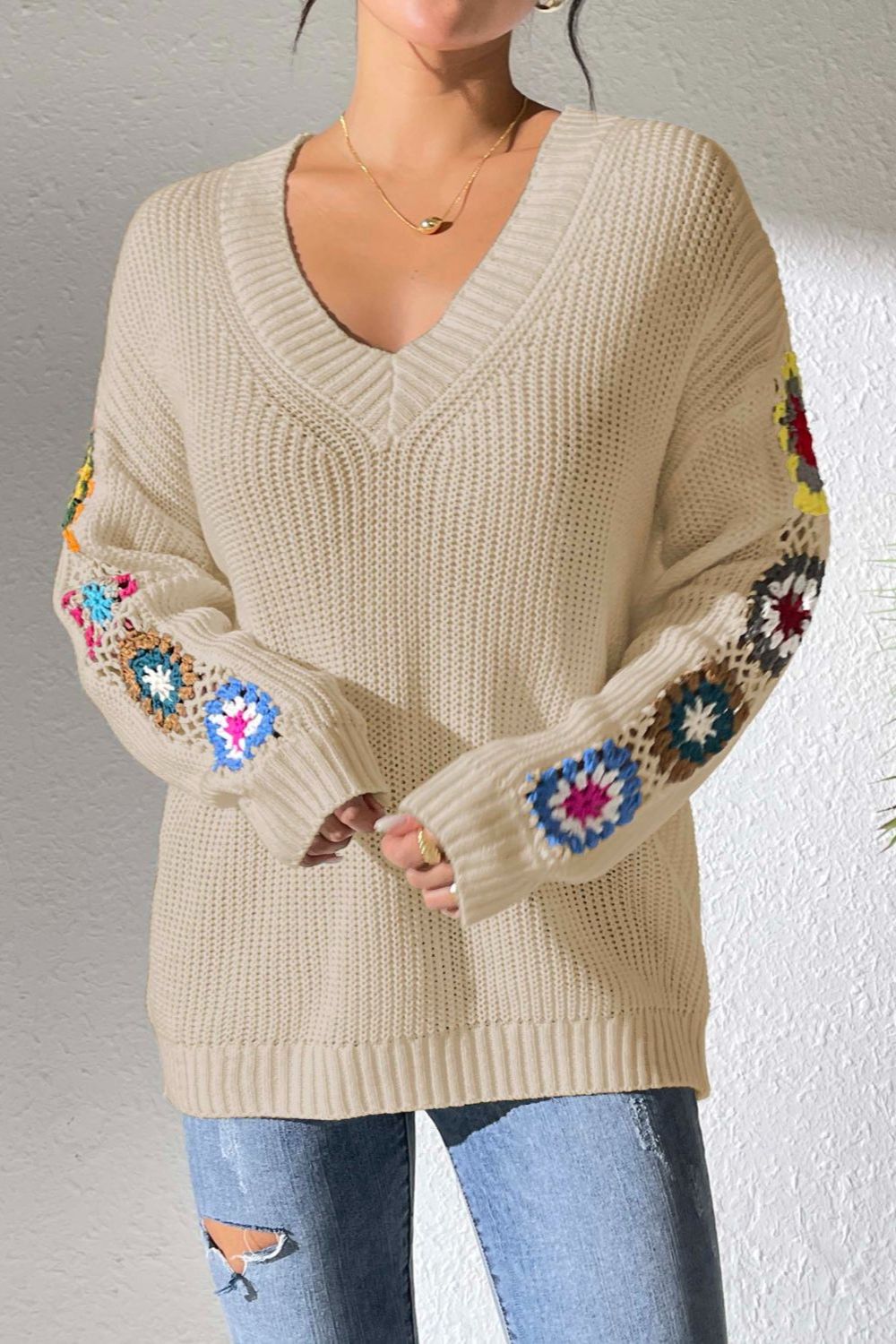 Crochet Flower V-Neck Sweater