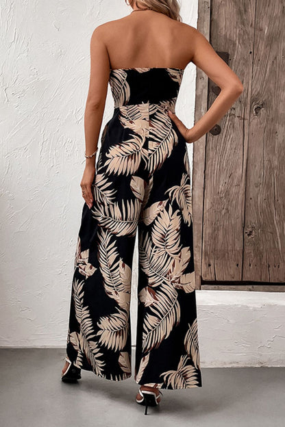Printed Strapless Wide Leg Jumpsuit with Pockets - Fashion Finder Hub