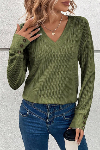 Decorative Button V-Neck Long Sleeve T-Shirt - Fashion Finder Hub