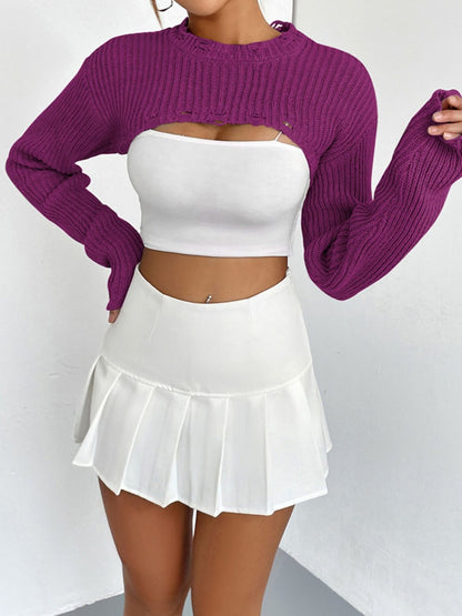 Distressed Long Sleeve Cropped Sweater - Fashion Finder Hub