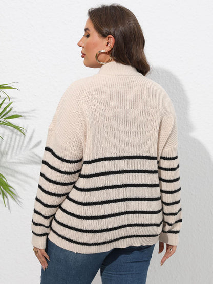 Plus Size Zip-Up Striped Sweater - Fashion Finder Hub