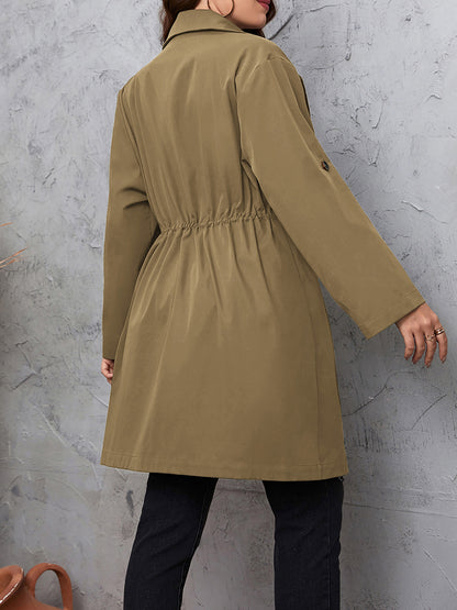 Plus Size Lapel Collar Drawstring Roll-Tab Sleeve Trench Coat - Fashion Finder Hub