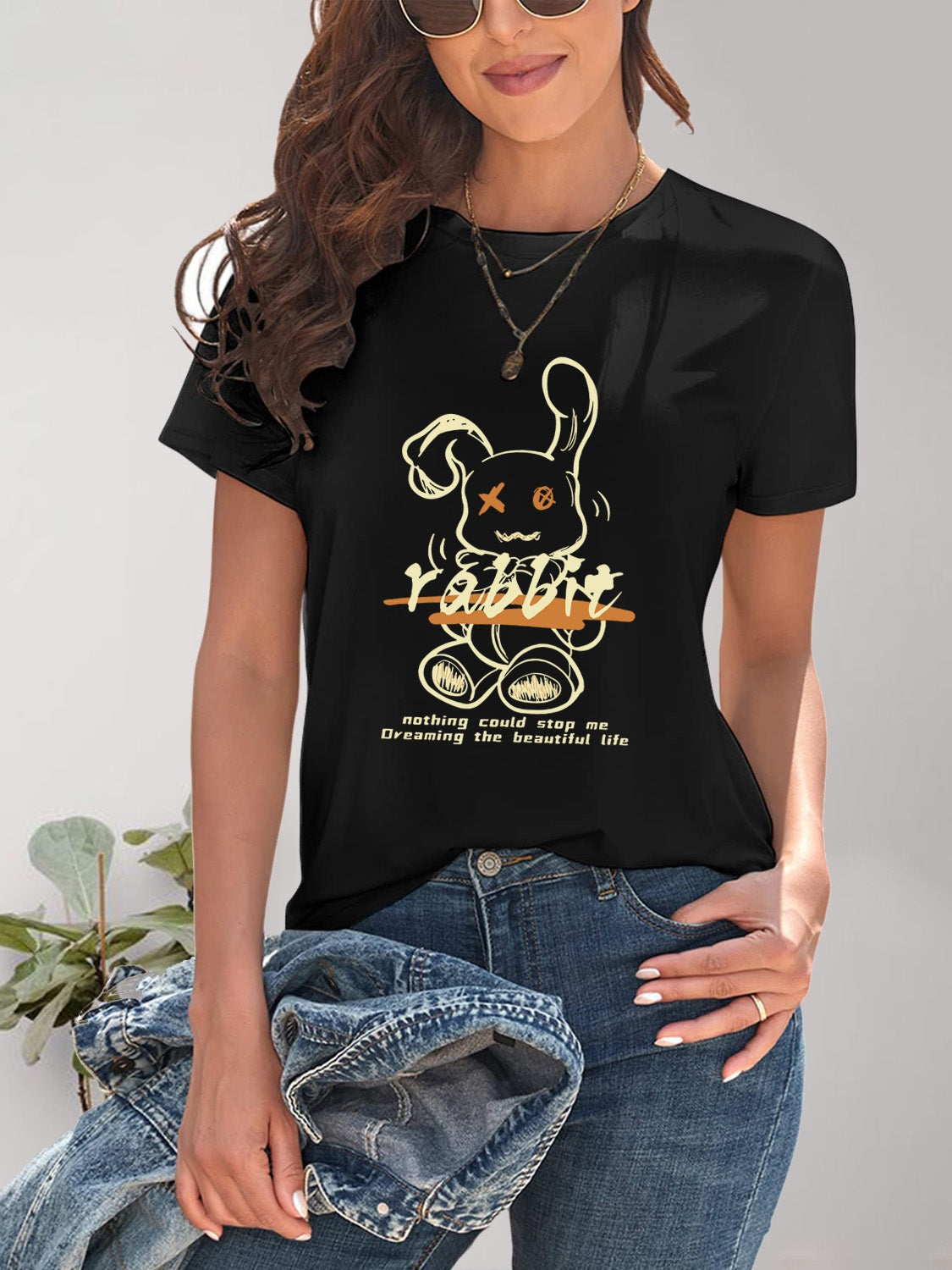 Rabbit Graphic Round Neck Short Sleeve T-Shirt - Fashion Finder Hub