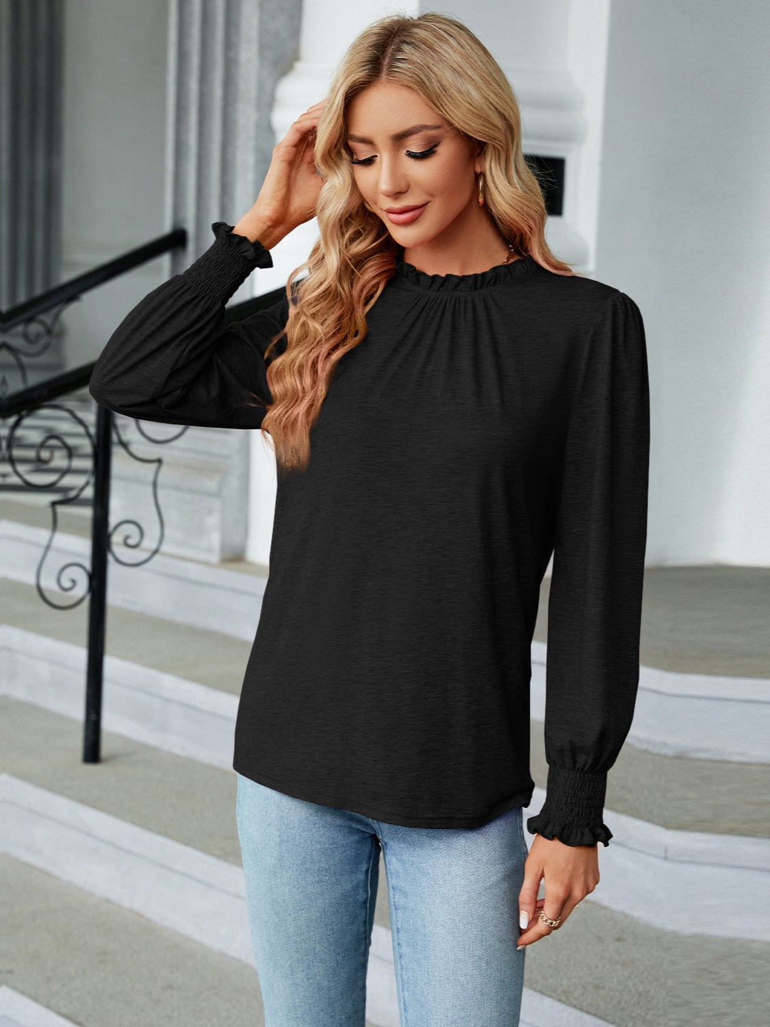 Frill Mock Neck Long Sleeve Blouse