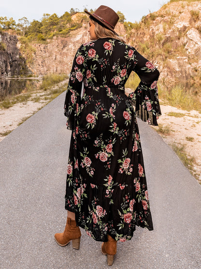 Plus Size Floral Flare Sleeve Dress - Fashion Finder Hub