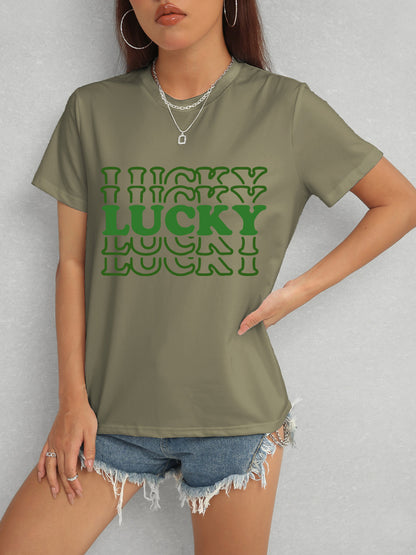 LUCKY Round Neck Short Sleeve T-Shirt - Fashion Finder Hub