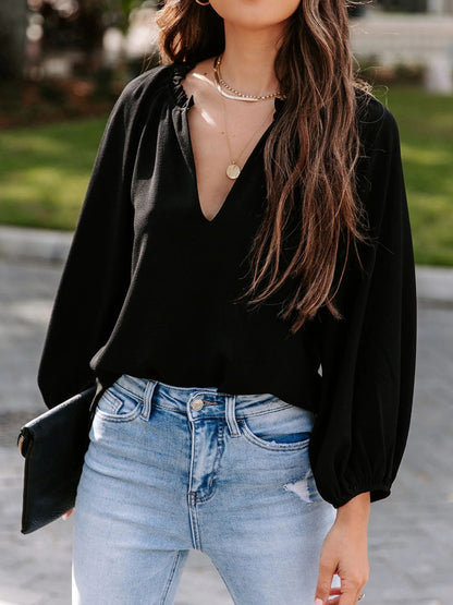 Ruched Notched Balloon Sleeve Blouse - Fashion Finder Hub
