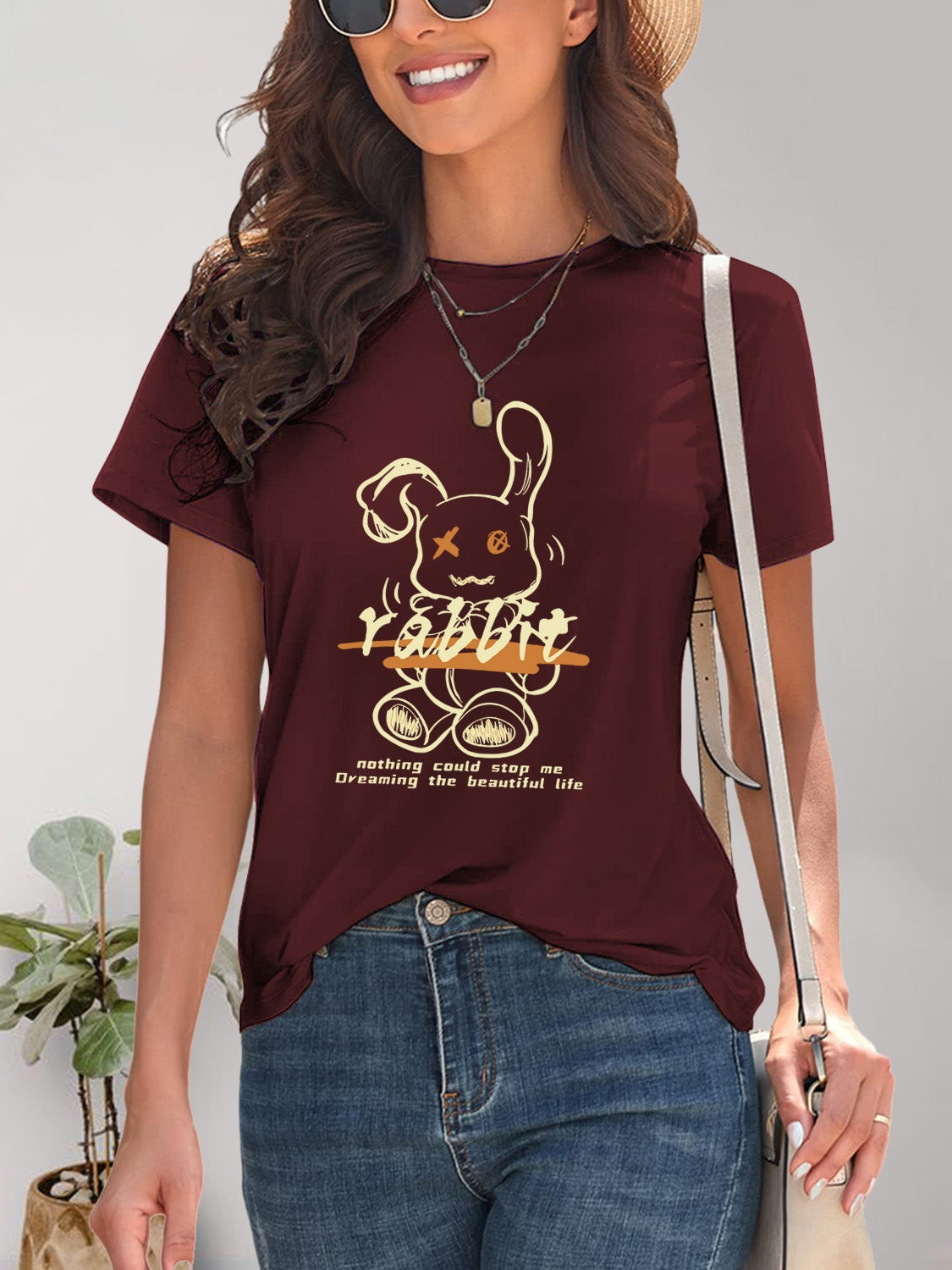 Rabbit Graphic Round Neck Short Sleeve T-Shirt - Fashion Finder Hub