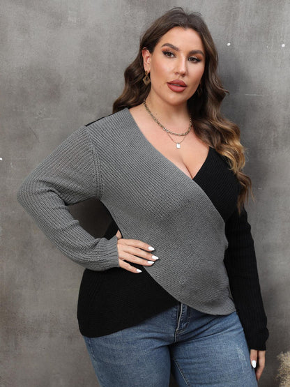 Plus Size Two-Tone Surplice Neck Sweater - Fashion Finder Hub