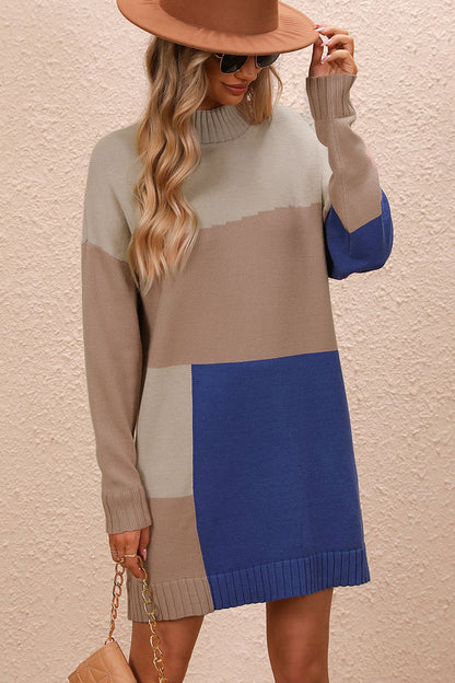 Color Block Mock Neck Dropped Shoulder Sweater Dress - Fashion Finder Hub