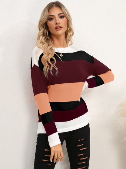 Striped Round Neck Dropped Shoulder Sweater - Fashion Finder Hub