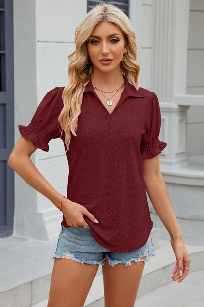 Eyelet Johnny Collar Short Sleeve Blouse - Fashion Finder Hub