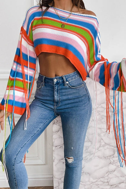 Fringe Striped Round Neck Knit Top - Fashion Finder Hub