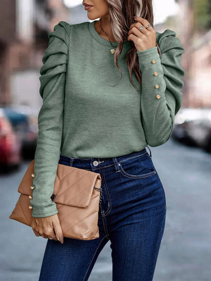 Decorative Button Puff Sleeve T-Shirt - Fashion Finder Hub