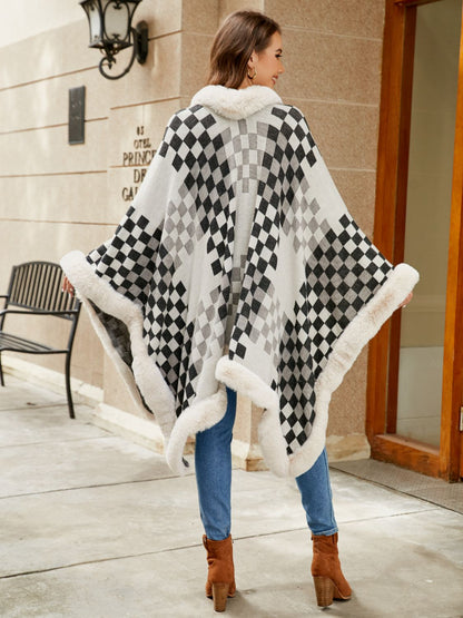 Checkered Faux Fur Trim Poncho - Fashion Finder Hub