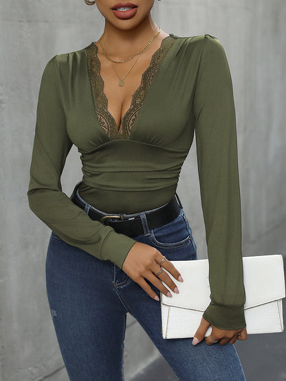 Lace Detail Plunge Long Sleeve Bodysuit - Fashion Finder Hub