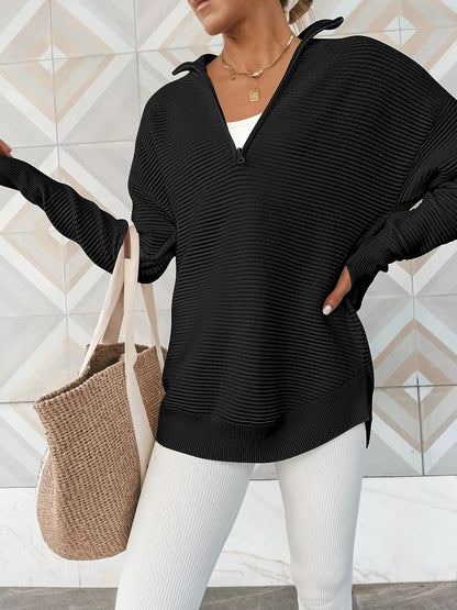 Half Zip Long Sleeve Knit Top - Fashion Finder Hub