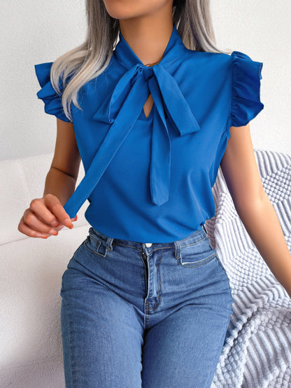 Tie  Neck Cap Sleeve Blouse - Fashion Finder Hub