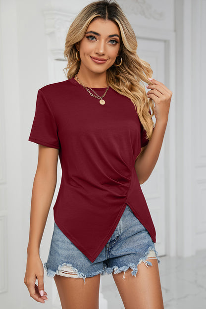 Ruched Round Neck Short Sleeve T-Shirt - Fashion Finder Hub