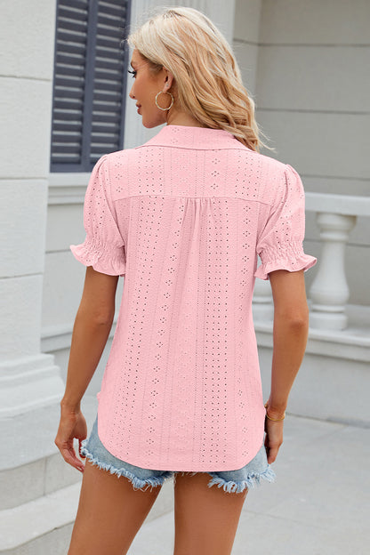 Eyelet Johnny Collar Short Sleeve Blouse - Fashion Finder Hub