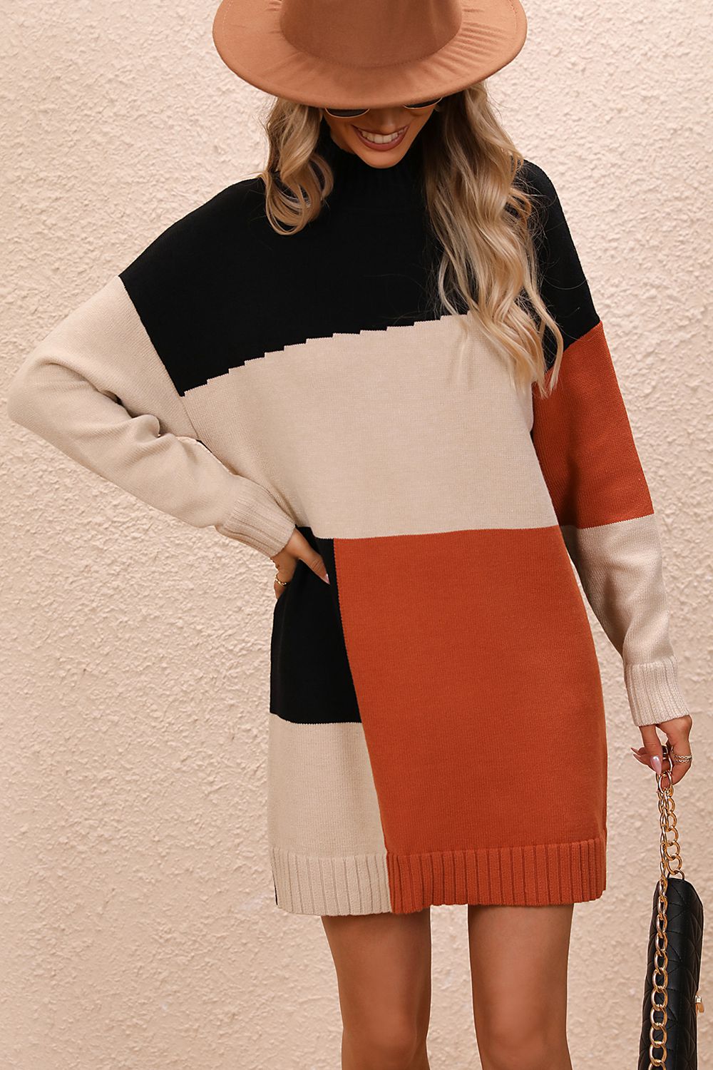 Color Block Mock Neck Dropped Shoulder Sweater Dress - Fashion Finder Hub