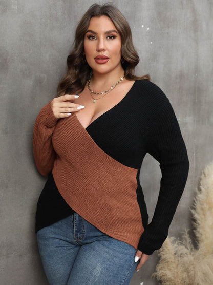 Plus Size Two-Tone Surplice Neck Sweater - Fashion Finder Hub