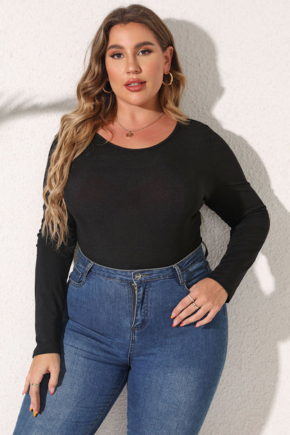 Plus Size Round Neck Long Sleeve Bodysuit - Fashion Finder Hub