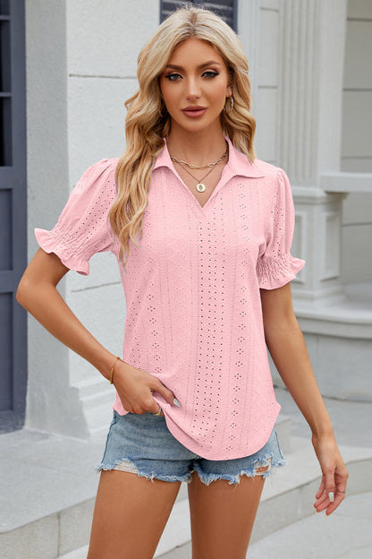 Eyelet Johnny Collar Short Sleeve Blouse - Fashion Finder Hub