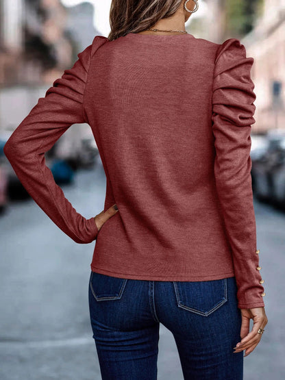 Decorative Button Puff Sleeve T-Shirt - Fashion Finder Hub