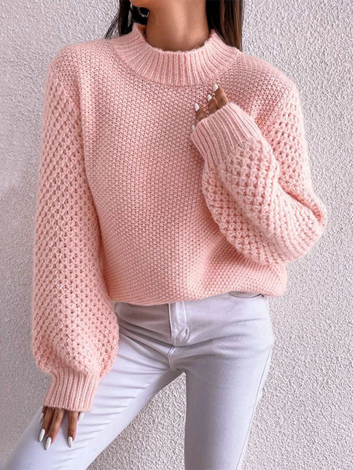 Openwork Mock Neck Long Sleeve Sweater - Fashion Finder Hub