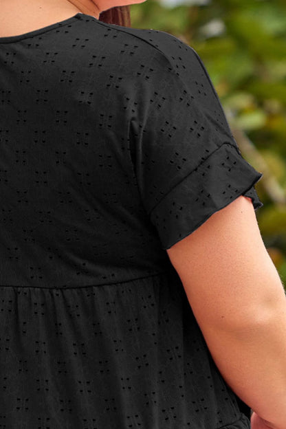 Plus Size Eyelet Round Neck Short Sleeve Blouse - Fashion Finder Hub
