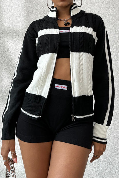Cable-Knit Color Block Raglan Sleeve Cardigan - Fashion Finder Hub