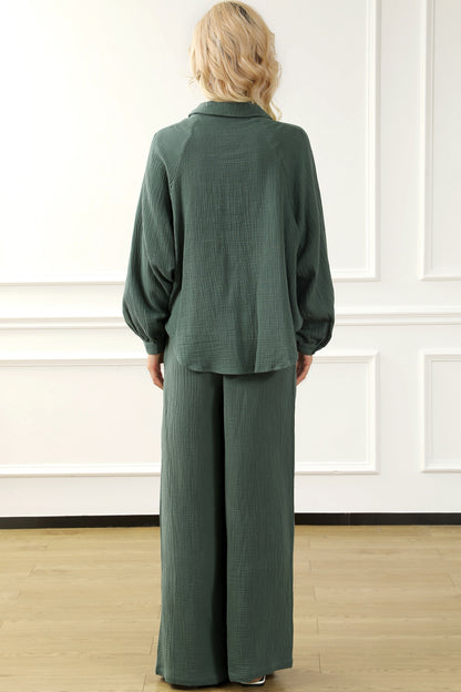 Collared Neck Top and Drawstring Pants Set - Fashion Finder Hub