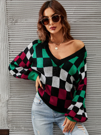 Checkered V-Neck Lantern Sleeve Sweater - Fashion Finder Hub