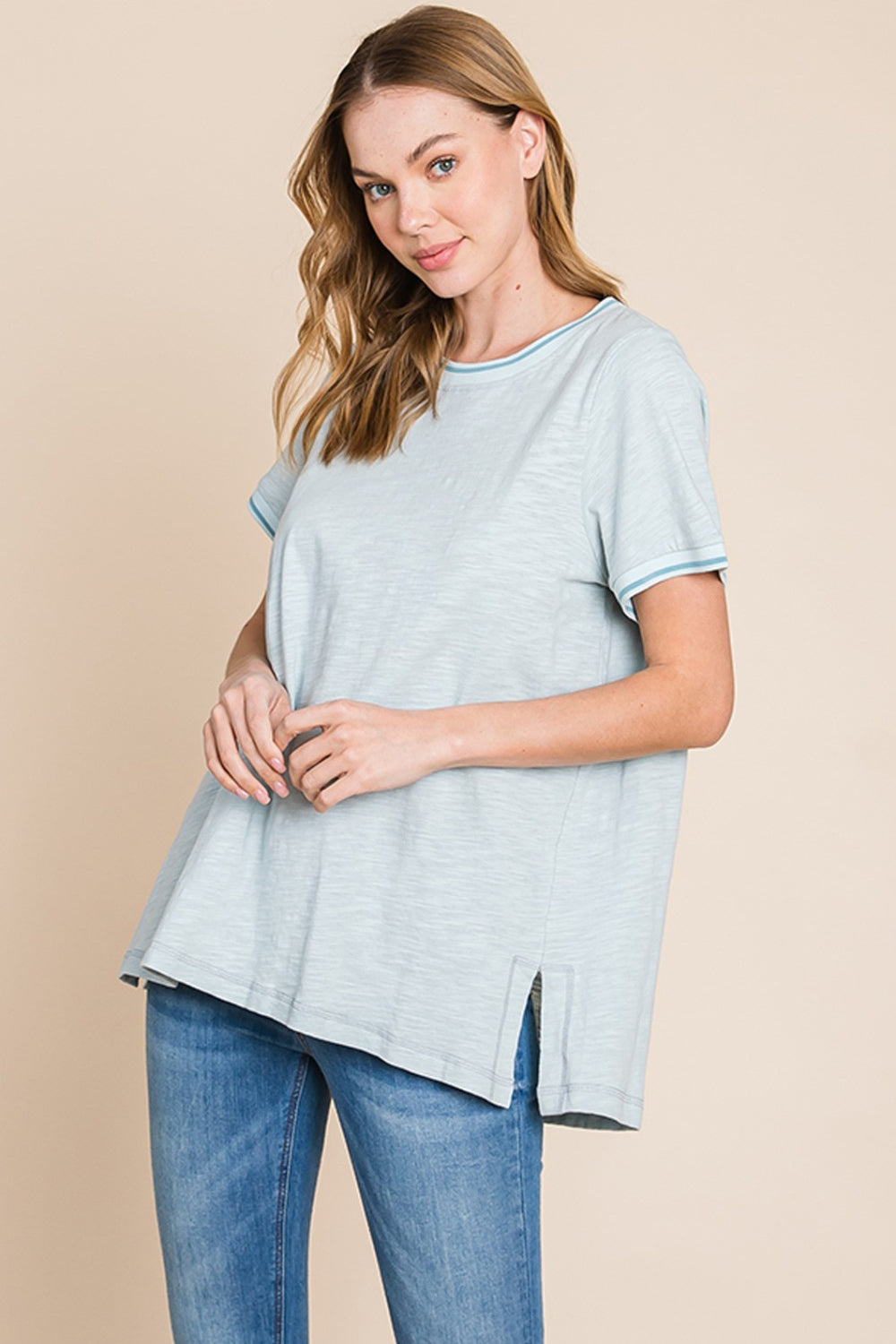 Cotton Bleu by Nu Lab Contrast Trim Short Sleeve Slit T-Shirt - Fashion Finder Hub
